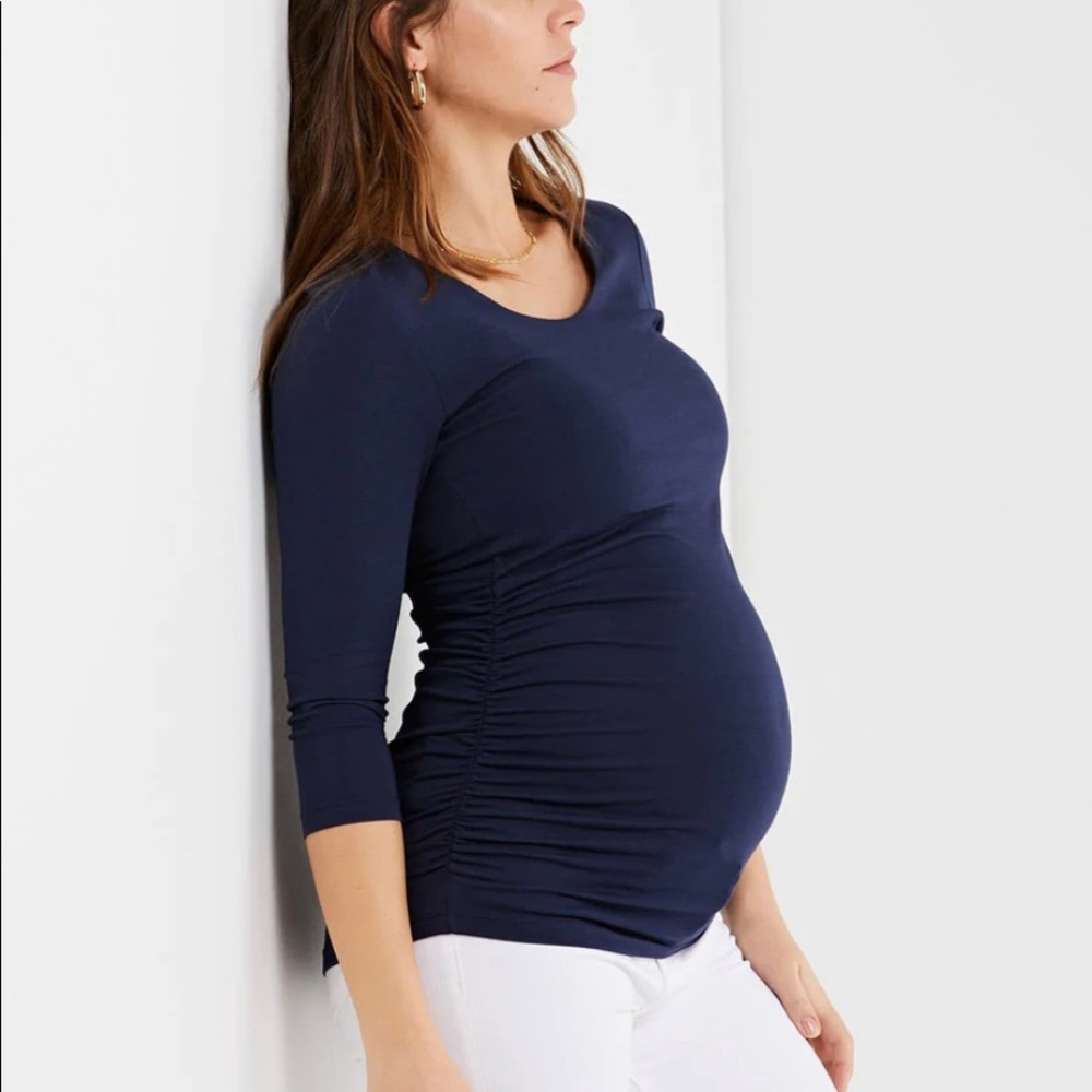 A Pea in the Pod Navy Maternity Ruched Scoop Neck Long Sleeve Top
